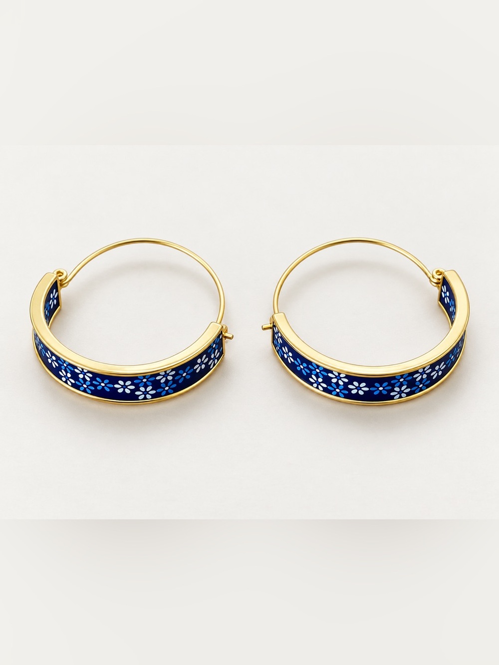 Gold-Tone Navy Floral Enamel Hoop Earrings